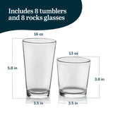 Libbey Ascent Tumbler and Rocks Drinking Glasses Set of 16, Glass Drinking Glasses with Curvature, Versatile Glassware Set for Parties and More