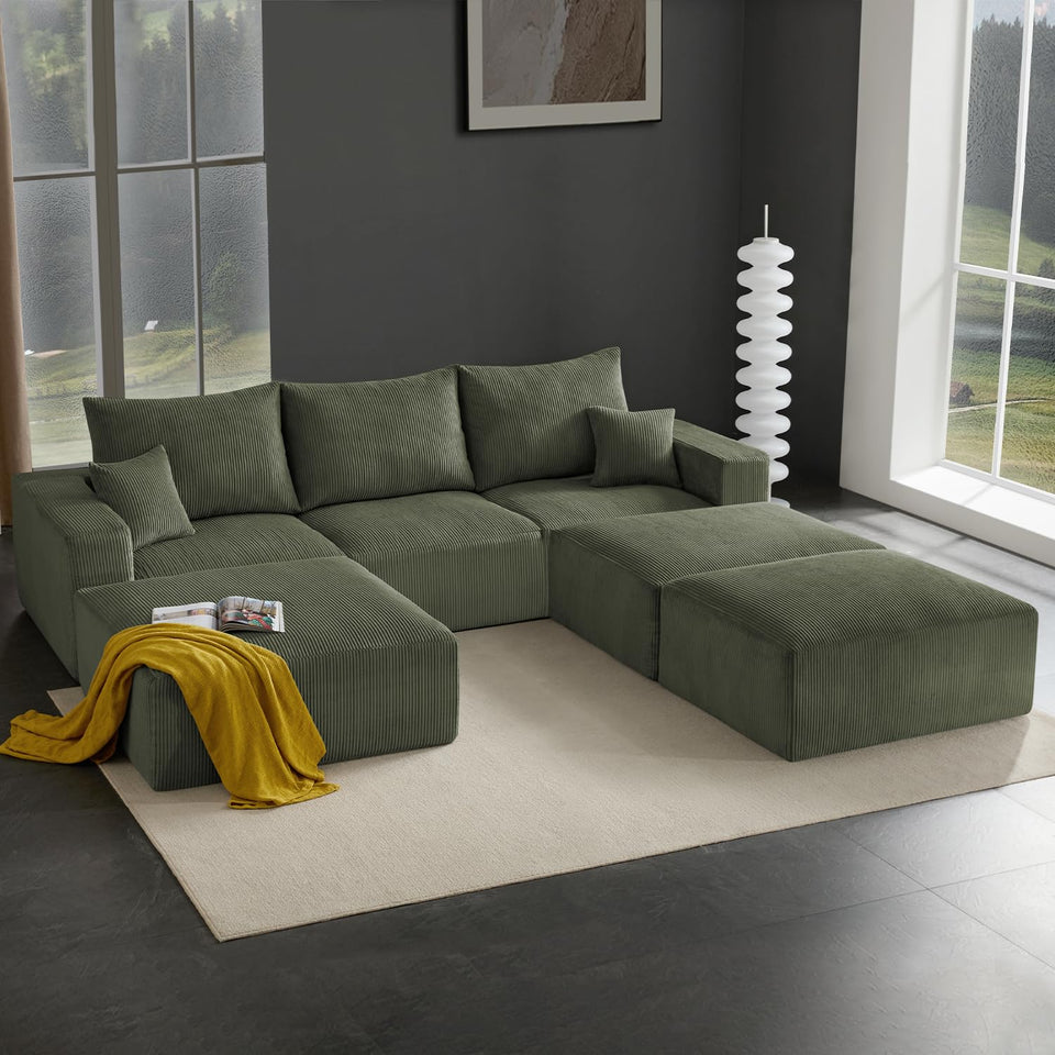 Boneless Sectional Cloud Couch Sofa for Living Room, 112" U-Shaped Modular Modern Lounge Sleeper Black Couches with Chaise, No Assemble, Cordury Compression Upholstered Sofas