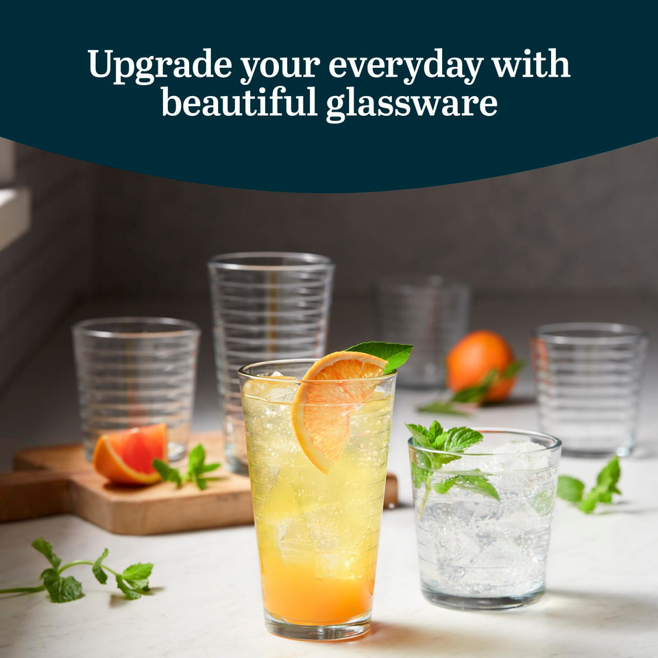 Libbey Ascent Tumbler and Rocks Drinking Glasses Set of 16, Glass Drinking Glasses with Curvature, Versatile Glassware Set for Parties and More