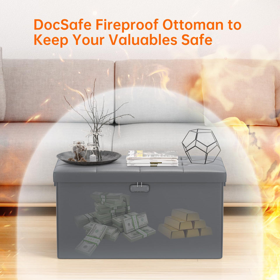 DocSafe Storage Ottoman with Lock,Fireproof Folding Ottoman Foot Rest Stool Storage Chest with Storage Safe for Important Documents,Waterproof 17 Inches Short Ottoman Foot Stool with Handles,Black