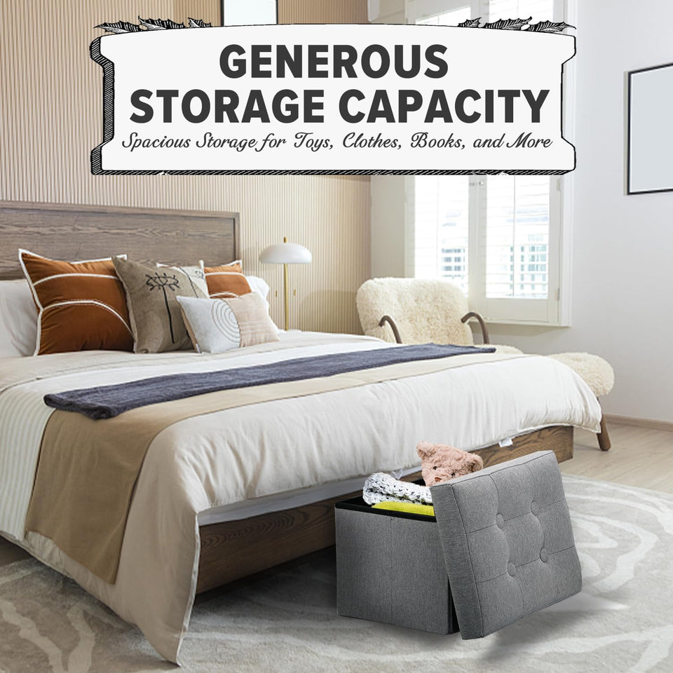 LINMAGCO Ottoman Storage Ottoman with Storage Small Foot Rest Stool Under Desk Stool Short Folding Footrest Linen Cloth Dark Gray 16X12X12IN