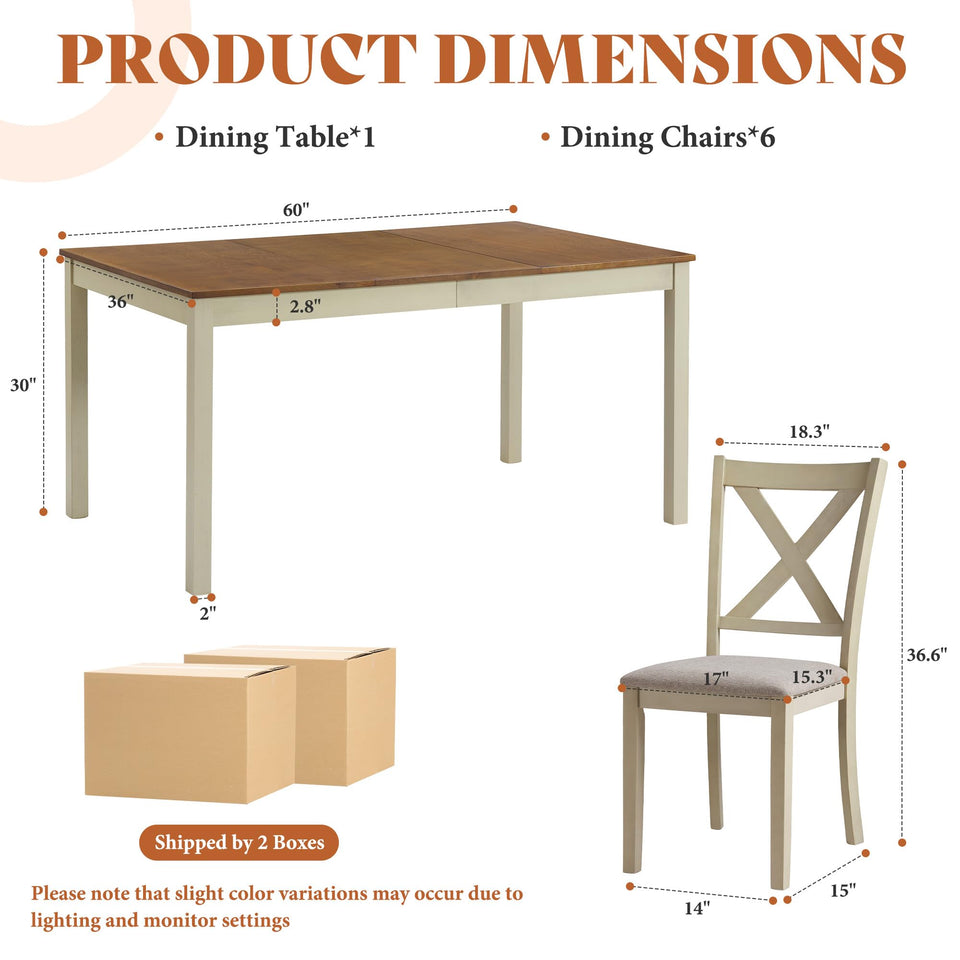 AMERLIFE 7-Piece Farmhouse Solid Wood Dining Table Set with 6 Upholstered Chairs, 60" Space Saving Dinner Table & Chairs Set, for Dining Room, Kitchen, Restaurant, Brown & White