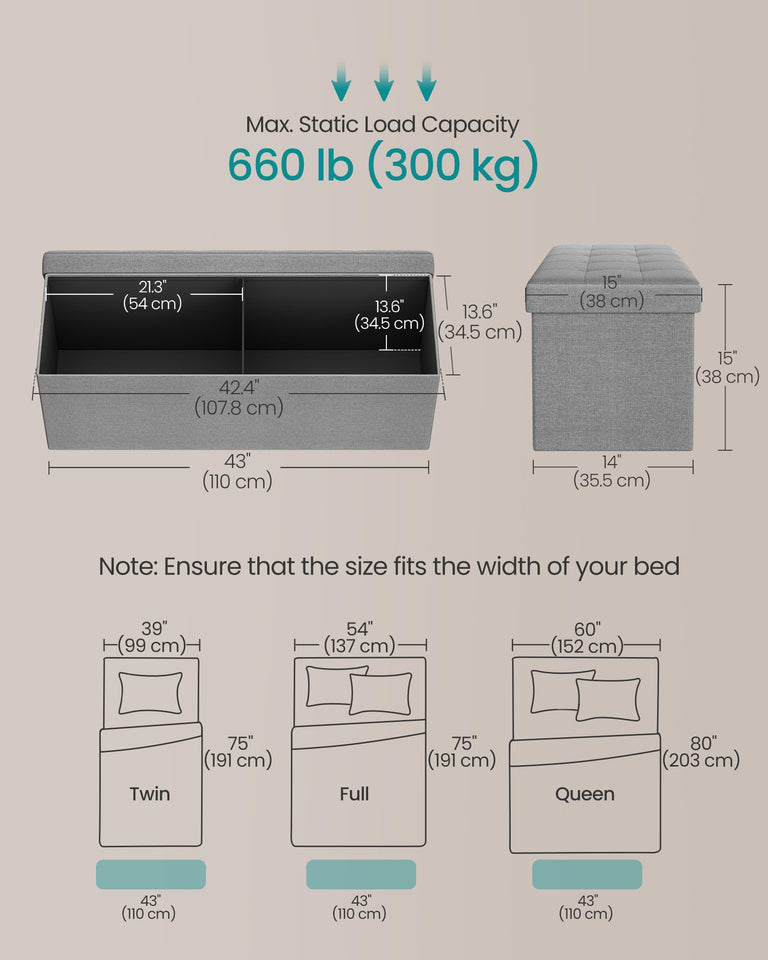 SONGMICS MAZIE Collection - 43 Inches Folding Storage Ottoman Bench, Ottoman Foot Rest, End of Bed Bench, Storage Chest, Load 660 lb, for Living Room, Bedroom, Entryway, Dark Gray ULSF77K