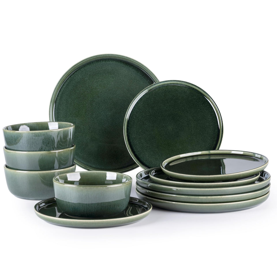 GBHOME Ceramic Dinnerware Sets for 8, 24 Pieces Stoneware Plates and Bowls Sets, Scratch Resistant Dishes, Dishwasher & Microwave Safe, Reactive Glaze-Green Wheat