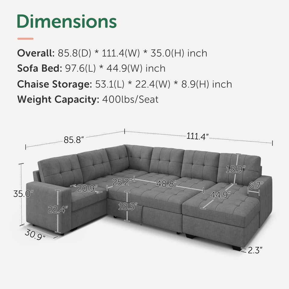 HONBAY Sectional Sleeper Sofa Pull Out Bed with Storage Chaise, Sectional Sofa Couch, Sleeper Couch Bed for Living Room, Dark Grey