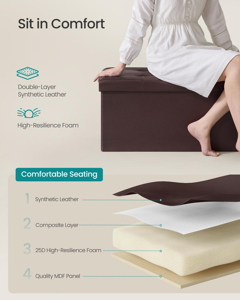 SONGMICS MAZIE Collection - 43 Inches Folding Storage Ottoman Bench, Ottoman with Storage, Foot Rest Stool, Load 660 lb, for Living Room, Synthetic Leather, Black ULSF701