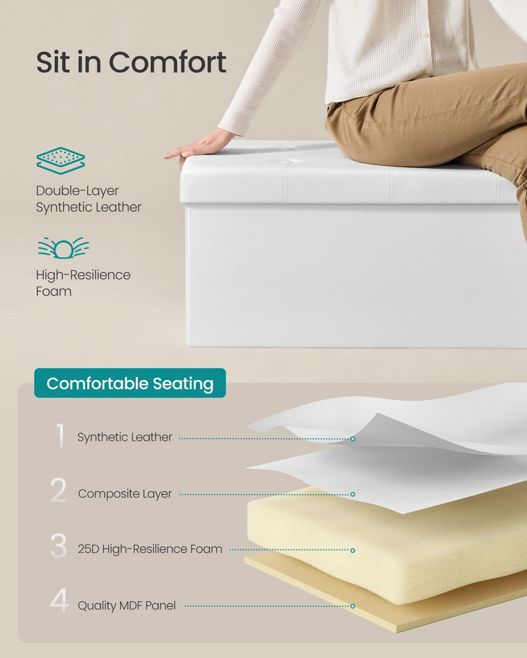 SONGMICS MAZIE Collection - 43 Inches Folding Storage Ottoman Bench, Ottoman with Storage, Foot Rest Stool, Load 660 lb, for Living Room, Synthetic Leather, Black ULSF701