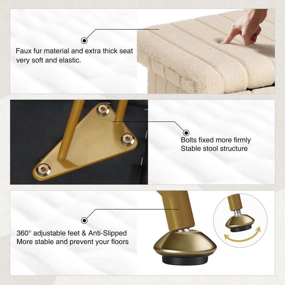 Greenstell Vanity Stool Chair Faux Fur with Storage, 15.7"L x 11.8"W x 19.4"H Soft Ottoman 4 Metal Legs with Anti-Slip Feet, Furry Padded Seat, Modern Multifunctional Chairs for Makeup, Bedroom Pink