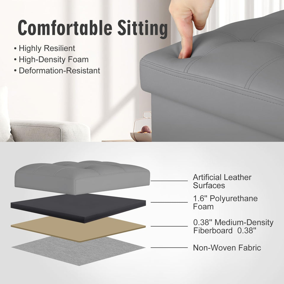 Storage Ottoman Foot Rest Stool, Foldable Leather Footstool Storage Bench with Thicker Foam Padded Seat. Foot Rest Under Desk for Living Room Bedroom 350 lbs, 17x13x13 in, Brown