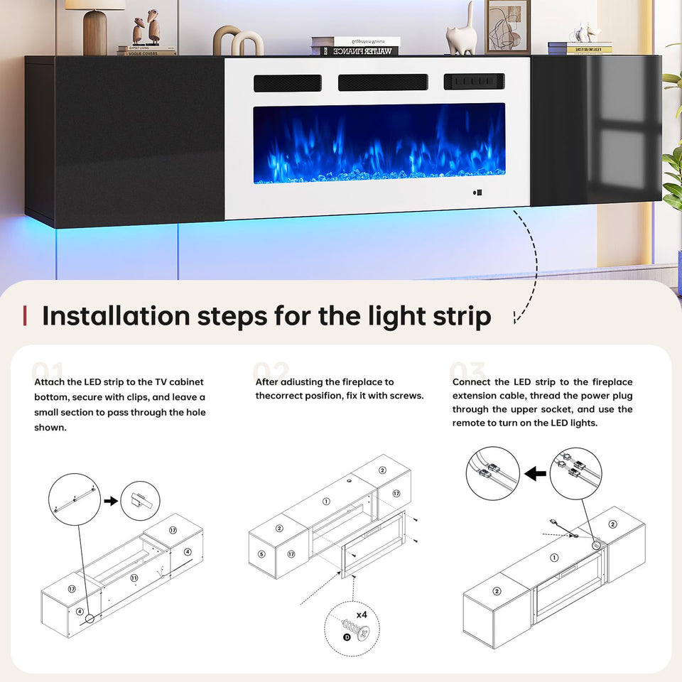 oneinmil 70" Floating TV Stand with 36" Electric Fireplace, Wall Mounted Fireplace Entertainment Center with Storage, Fire Place TV Console for Living Room, All Black