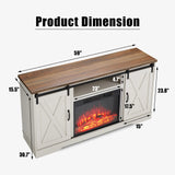 AMERLIFE Fireplace TV Stand with Sliding Barn Door for TVs up to 73", Farmhouse 63" Fireplace Entertainment Center with Storage Cabinets/Adjustable Shelves, Distressed White & Barnwood