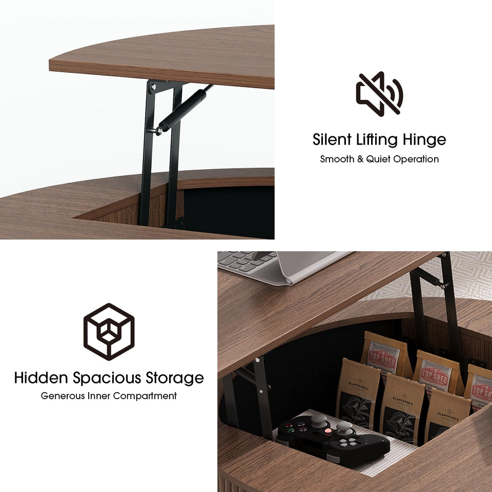 JOINICE, Round Coffee Table with Storage, Mid Century Modern Center Table with Sliding Cabinet Door, Fluted Dining Table for Living Room, Home Small Space, 31.5", Walnut