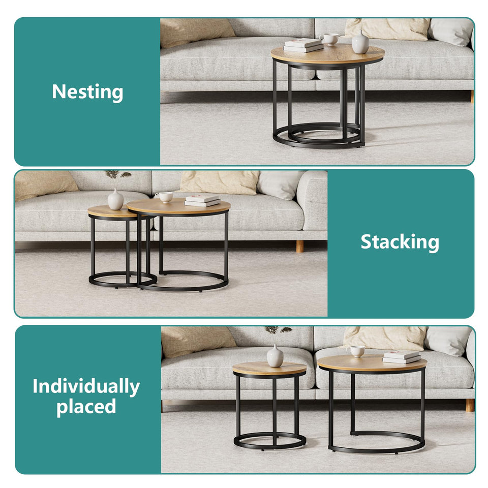 Smuxee Nesting Coffee Table Set of 2, 23.6" Round Coffee Table Wood Grain Top with Adjustable Non-Slip Feet, Industrial End Table Side Tables for Living Room Bedroom Balcony Yard
