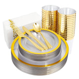 YOUBET 700PCS Silver Plastic Plates - White and Silver Disposable Plates - Silvery Plastic Dinnerware Set - Include 200 Plates, 300 Heavy Duty Silverware, 100 Cups and 100 Napkins for Wedding & Party