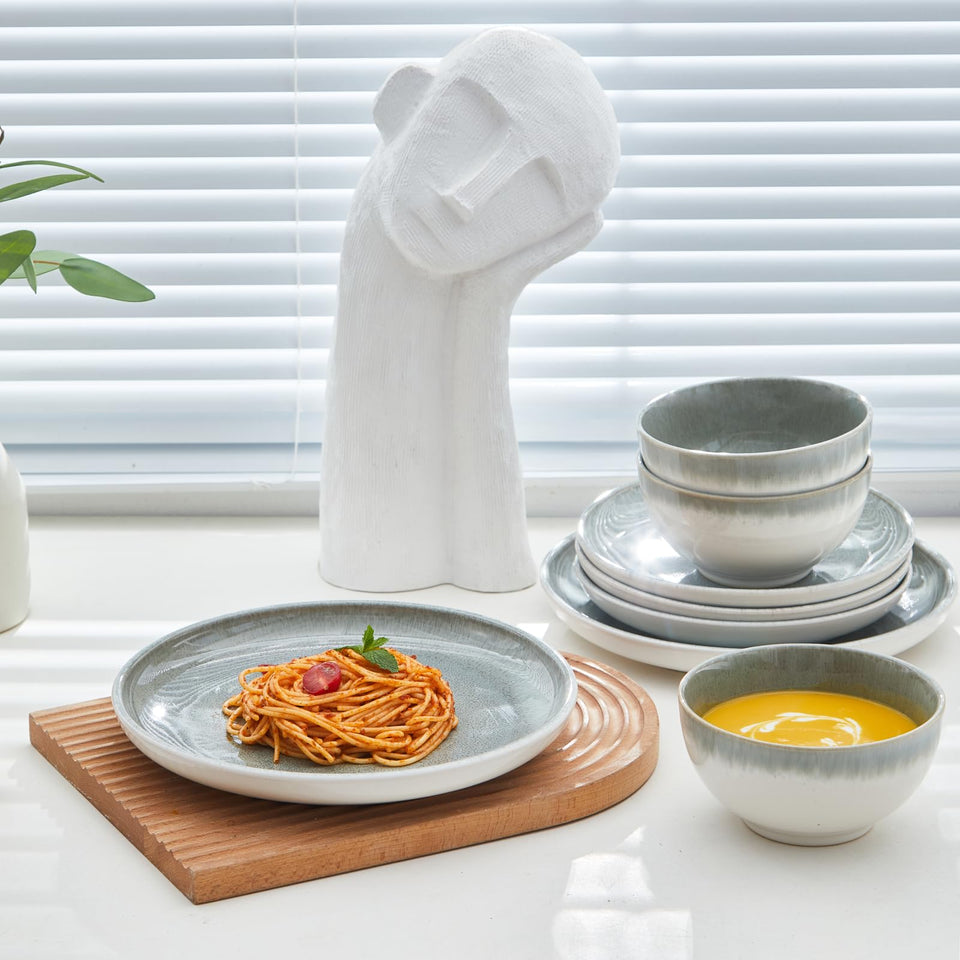 Pokini 24 Piece Dinnerware Sets for 8, Modern Stoneware Plates and Bowls Setst, Perfect for Family Gatherings & Holiday Celebrations, Easy Cleaning Dishes Set, Stack Compactly Dishware, Brown Green