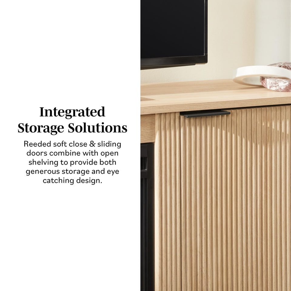 Walker Edison Chloe Reeded TV Stand with Fireplace Insert, 75 Inch, 70 Inch, Coastal Oak