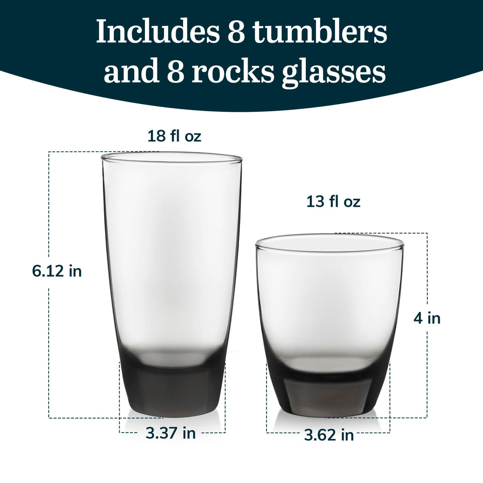 Libbey Ascent Tumbler and Rocks Drinking Glasses Set of 16, Glass Drinking Glasses with Curvature, Versatile Glassware Set for Parties and More