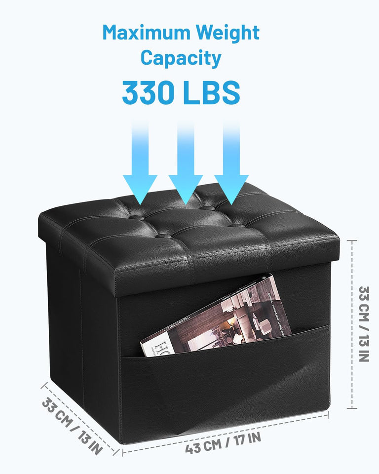 AmasSmile Storage Ottoman Folding Foot Rest Stool, Leather Footstool Bench, Short Ottoman Stool, Storage Foot Rest Store, Books (Black, 17" D x 13" W x 13" H)