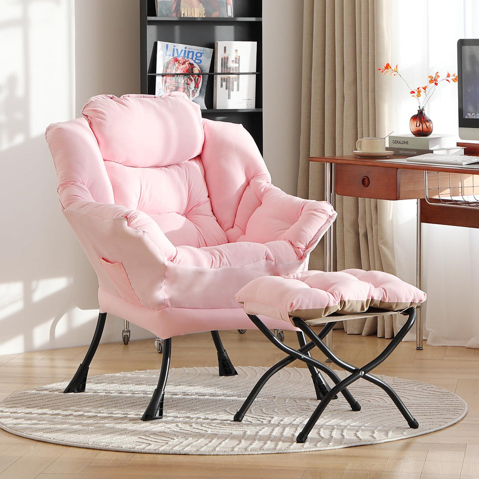 LITA Lazy Chair with Ottoman, Modern Accent Leisure Upholstered Lazy Sofa Armchair, Contemporary Lounge Reading Chair with Armrests and a Side Pocket for Living Room, Bedroom & Small Space, Dark Grey