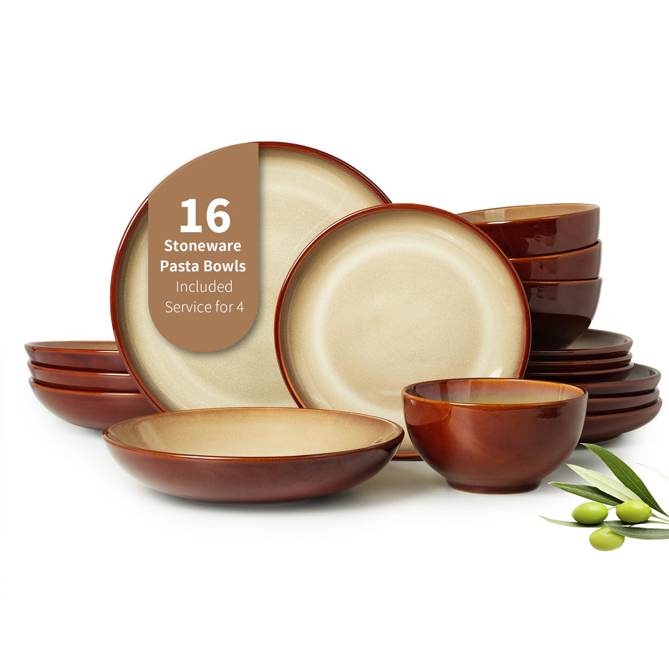 Pokini 24 Piece Dinnerware Sets for 8, Modern Stoneware Plates and Bowls Setst, Perfect for Family Gatherings & Holiday Celebrations, Easy Cleaning Dishes Set, Stack Compactly Dishware, Brown Green