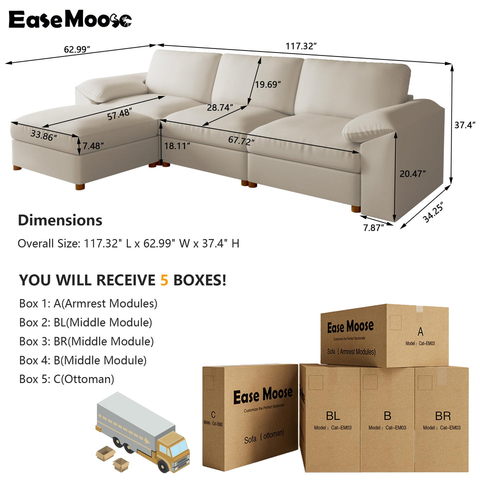 EASE MOOSE Leather Sectional Couch, Oversized Modular Sectional Sofas, Wide Deep Seat Modular Couch, Scratch Resistant Faux Leather Material, L Shaped Sofa for Big Spaces,Beige