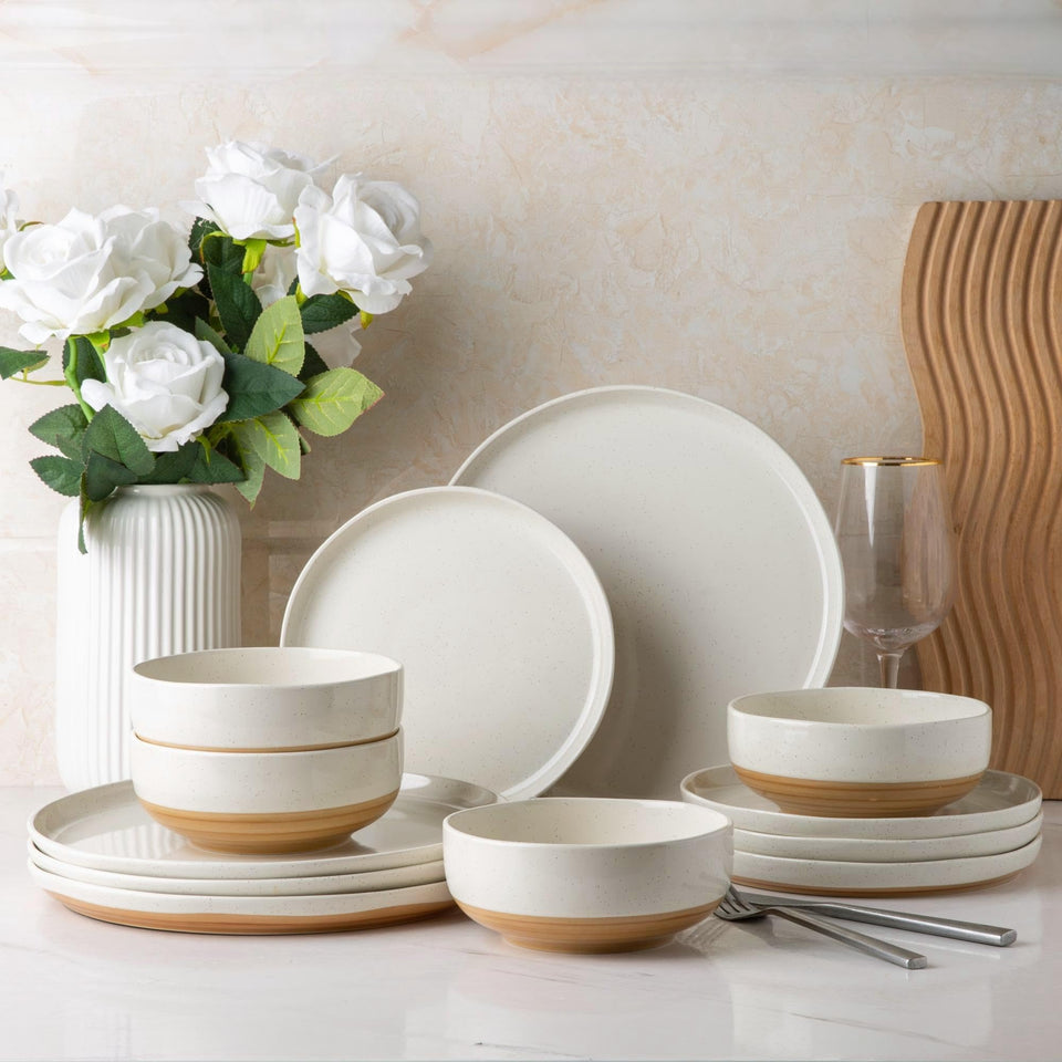 AmorArc Ceramic Dinnerware Sets for 8, 24 Pieces Handpainted Plates and Bowls Set with Rustic Terracotta Underside, Scratch Resistant Stoneware Dishes Set, Dishwasher & Microwave Safe, Light Beige
