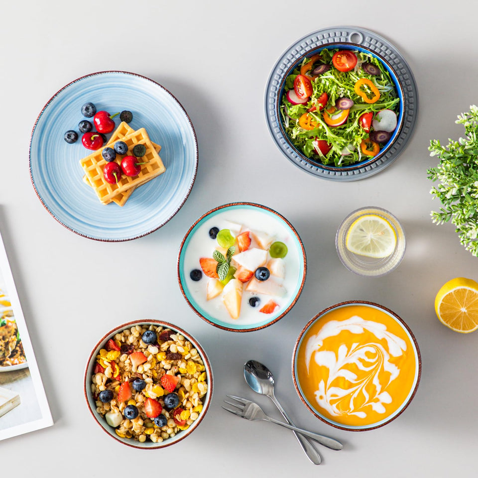 vancasso Bonita Dinnerware Set 24 Pieces Blue Stoneware Service for 6, Handpainted Spirals Pattern Stoneware Combination Set