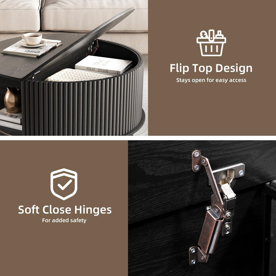 JOINICE, Round Coffee Table with Storage, Mid Century Modern Center Table with Sliding Cabinet Door, Fluted Dining Table for Living Room, Home Small Space, 31.5", Walnut