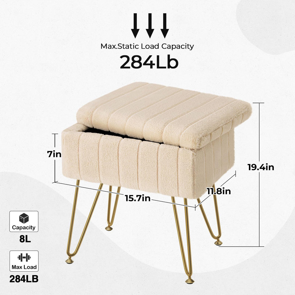 Greenstell Vanity Stool Chair Faux Fur with Storage, 15.7"L x 11.8"W x 19.4"H Soft Ottoman 4 Metal Legs with Anti-Slip Feet, Furry Padded Seat, Modern Multifunctional Chairs for Makeup, Bedroom Pink