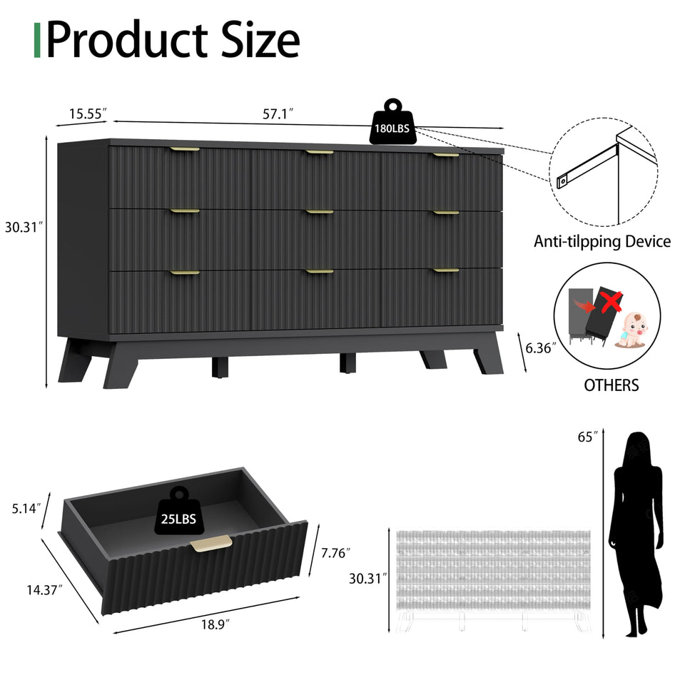 Fluted Dresser for Bedroom with 9 Drawers, 57" Wide Modern Chest of Drawers with Metal Handle, Wooden Dresser TV Stand, Wood Closet Clothes Storage Organizer for Living Room, Hallway, Natural Oak