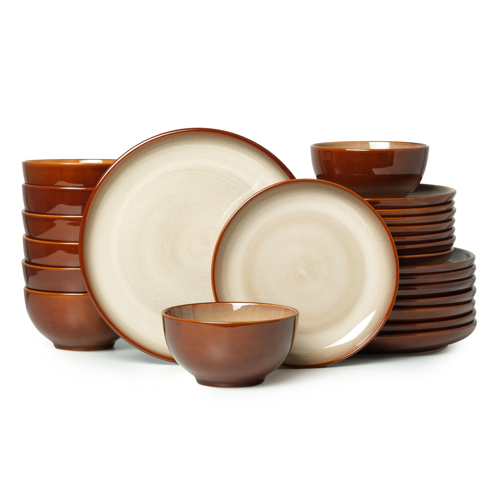 Pokini 24 Piece Dinnerware Sets for 8, Modern Stoneware Plates and Bowls Setst, Perfect for Family Gatherings & Holiday Celebrations, Easy Cleaning Dishes Set, Stack Compactly Dishware, Brown Green