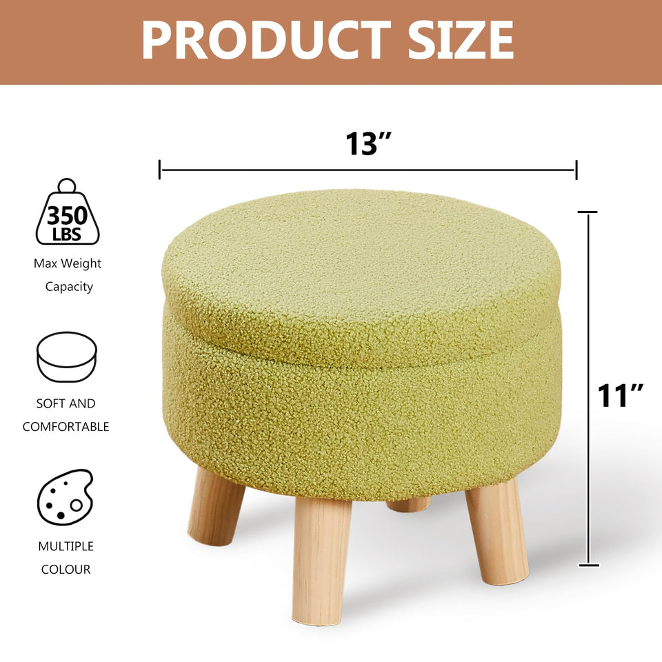 Wimarsbon Storage Ottoman, Modern Round Footrest with Soft Padded Seat, Teddy Velvet Footstool with Wood Legs, Accent Small Table or Plant Stand for Hallway, Living Room (Cream)