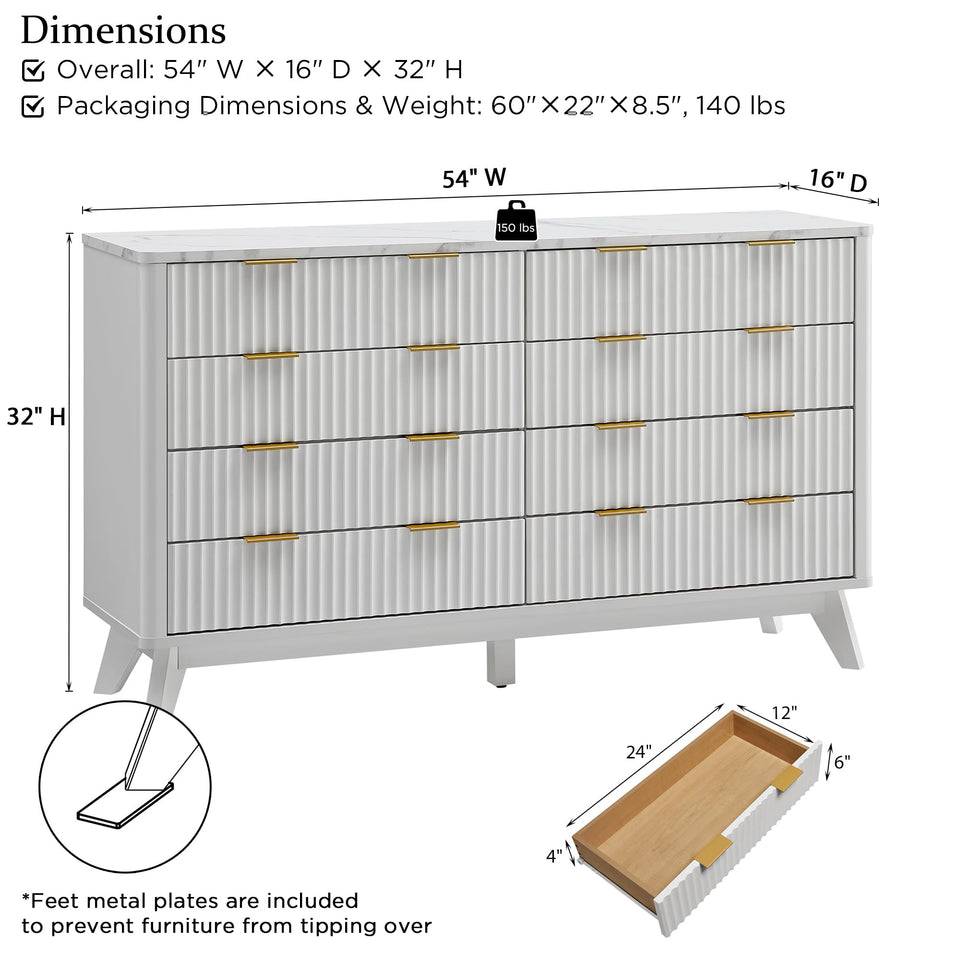 T4TREAM Fluted 7 Drawers Dresser, 54" Wide Modern Chest of Drawers with Faux Marble Top, Curved Profile Design, Dresser TV Stand, Wood Drawer Organizer for Bedroom, Living Room, Hallway, Natural Oak