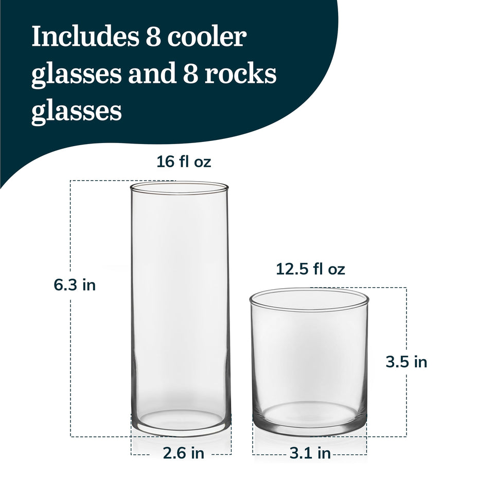 Libbey Ascent Tumbler and Rocks Drinking Glasses Set of 16, Glass Drinking Glasses with Curvature, Versatile Glassware Set for Parties and More