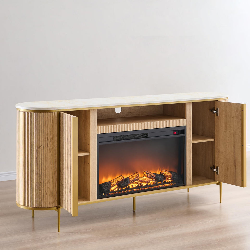 OKD Luxury 70" Fluted TV Stand, Modern Chic Entertainment Center for TVs Up to 80 inches, TV Console with Faux Marble Top, Curved Profile Design, Media Console for Living Room, Natural Oak