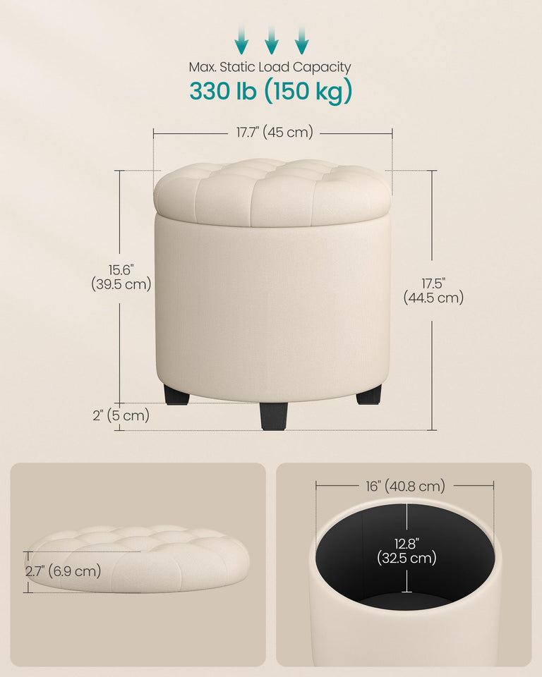 SONGMICS Round Ottoman, Ottoman with Storage, 17.7 Dia. x 17.5 H Inches Foot Rest with Legs, Load up to 330 lb, for Living Room, Bedroom, Dark Gray ULOM011G01