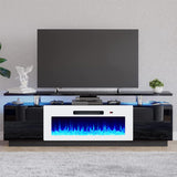 AMERLIFE Fireplace TV Stand with 36" Fireplace, 70" Modern High Gloss Fireplace Entertainment Center LED Lights, 2 Tier TV Console Cabinet for TVs Up to 80", Obsidian Black