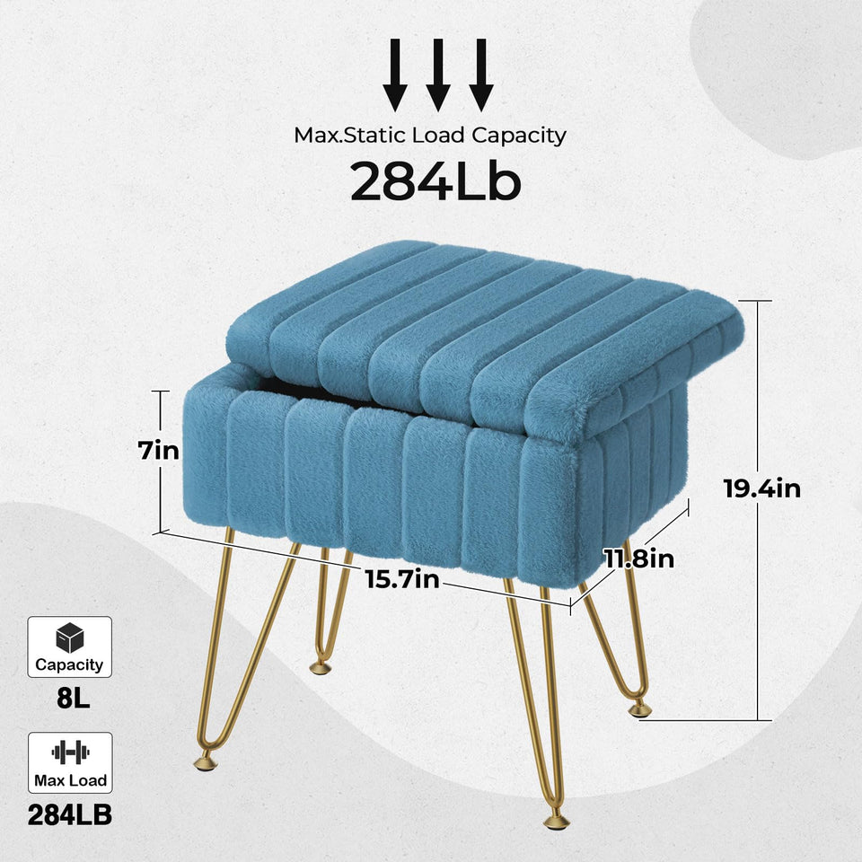Greenstell Vanity Stool Chair Faux Fur with Storage, 15.7"L x 11.8"W x 19.4"H Soft Ottoman 4 Metal Legs with Anti-Slip Feet, Furry Padded Seat, Modern Multifunctional Chairs for Makeup, Bedroom Pink