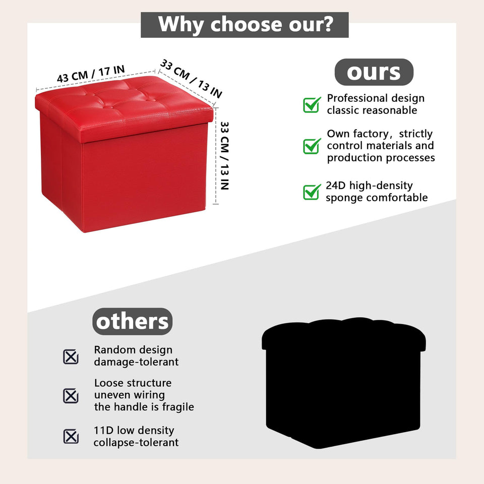 AmasSmile Storage Ottoman Folding Foot Rest Stool, Leather Footstool Bench, Short Ottoman Stool, Storage Foot Rest Store, Books (Black, 17" D x 13" W x 13" H)