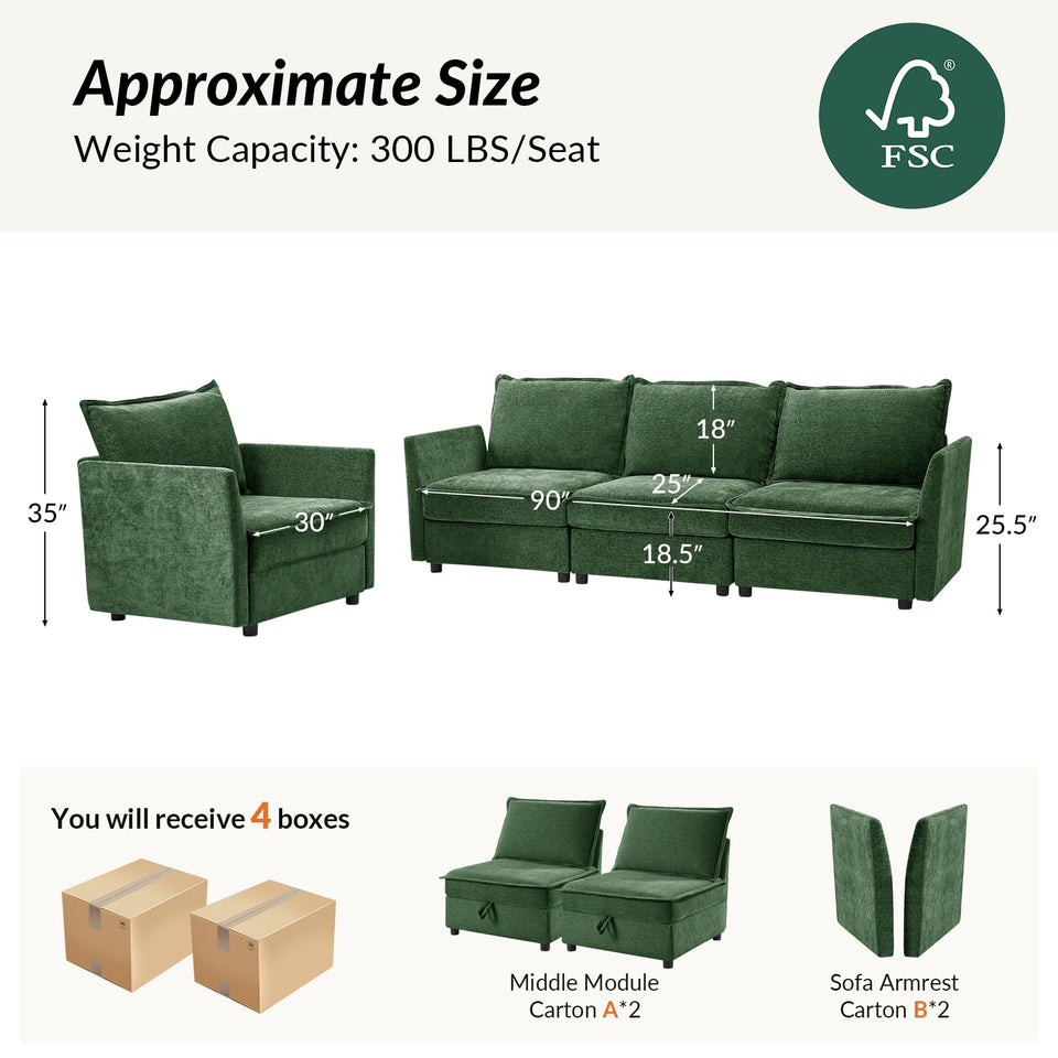 HULALA HOME 127'' Modular Sectional Sofa, Oversized U Shaped Couch with Storage Ottoman, Comfy Chenille Sofa with Deep Seat, 6 Seat Convertible Couches for Living Room, Beige