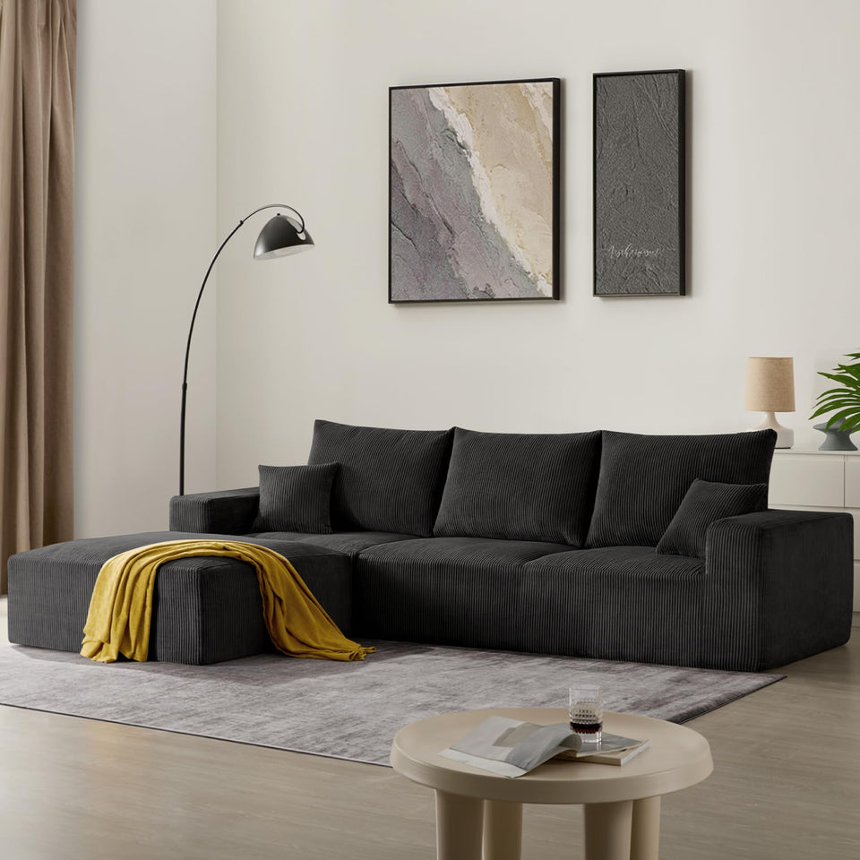 Sectional Cloud Boneless Sofa Couches for Living Room-113'' Beige 3 Seater U-Shaped Modern Lounge Couch-No Assembly Modular Corduroy Convertible Sponge Sleeper Sofas with Chaise for Home House