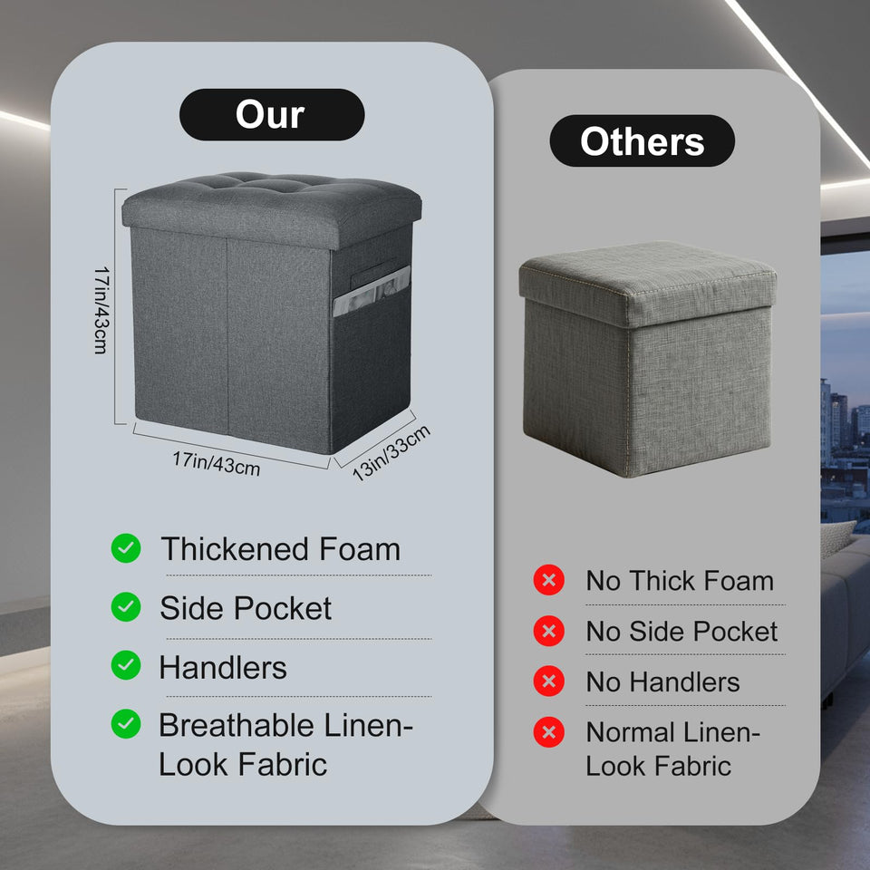 Storage Ottoman with Extra Thick Foam Padded Seat, Foldable Foot Rest Stool with Linen Fabric, 43L Ottoman with Storage Bench for Bedroom Living Room, Holds Up to 300lbs, 17x13x13in, Dark Gray