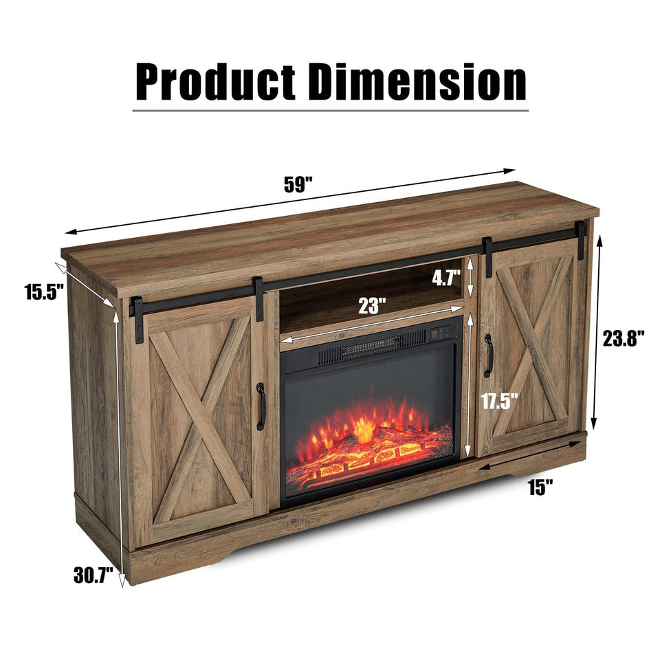 AMERLIFE Fireplace TV Stand with Sliding Barn Door for TVs up to 73", Farmhouse 63" Fireplace Entertainment Center with Storage Cabinets/Adjustable Shelves, Distressed White & Barnwood