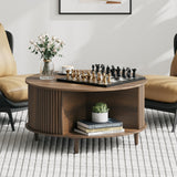 JOINICE, Round Coffee Table with Storage, Mid Century Modern Center Table with Sliding Cabinet Door, Fluted Dining Table for Living Room, Home Small Space, 31.5", Walnut