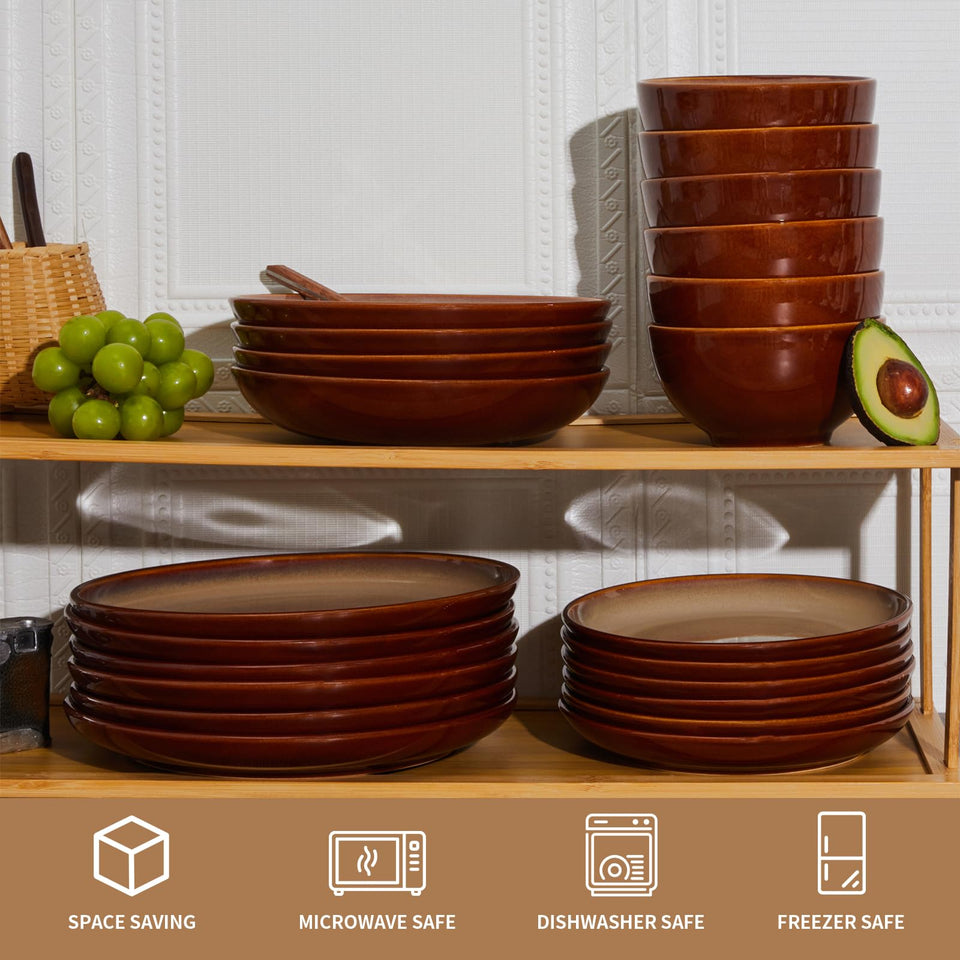 Pokini 24 Piece Dinnerware Sets for 8, Modern Stoneware Plates and Bowls Setst, Perfect for Family Gatherings & Holiday Celebrations, Easy Cleaning Dishes Set, Stack Compactly Dishware, Brown Green