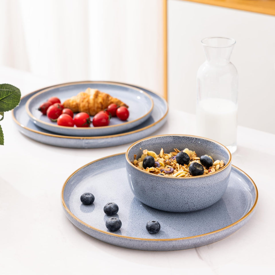 GBHOME Ceramic Dinnerware Sets for 8, 24 Pieces Stoneware Plates and Bowls Sets, Scratch Resistant Dishes, Dishwasher & Microwave Safe, Reactive Glaze-Green Wheat