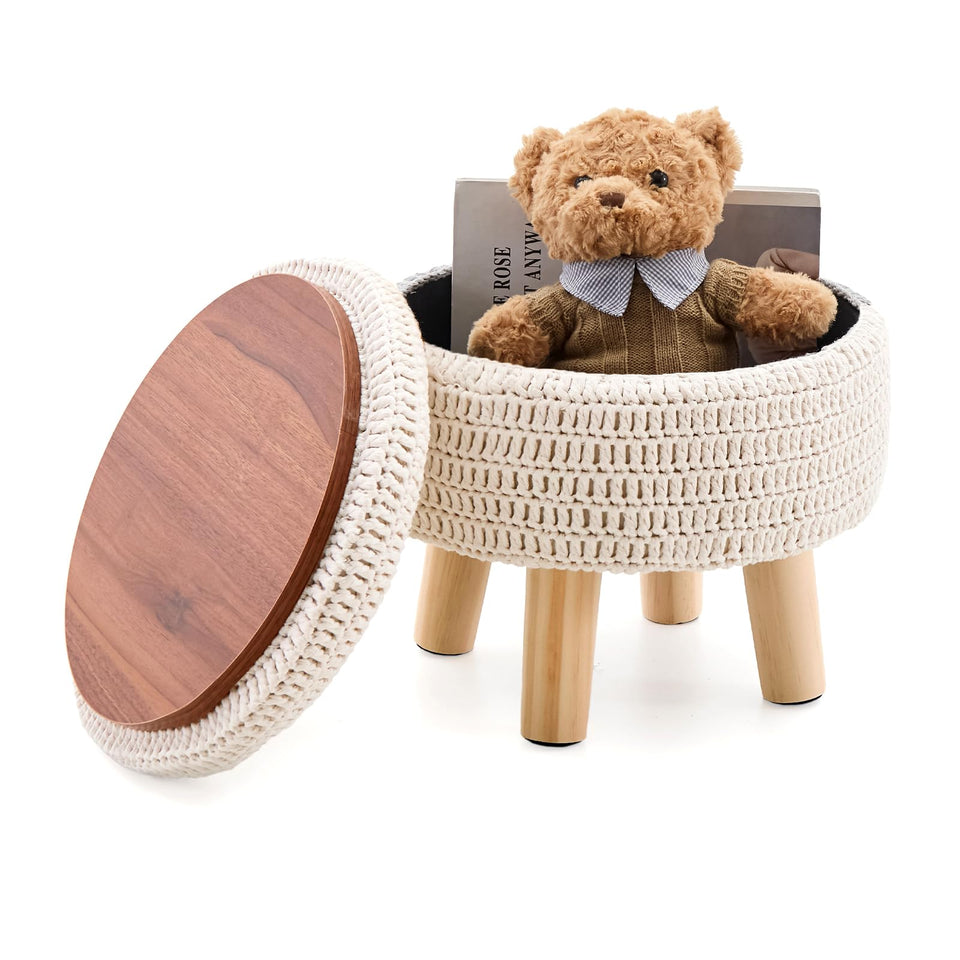 Wimarsbon Pouf Ottoman, 100% Cotton Knitted Boho Footstool, Round Footrest with Non-Skid Wood Legs, Home Décor Handmade Pouffe, Leisure Floor Step Stool for Living Room (Beige)