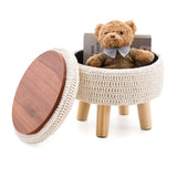 Wimarsbon Pouf Ottoman, 100% Cotton Knitted Boho Footstool, Round Footrest with Non-Skid Wood Legs, Home Décor Handmade Pouffe, Leisure Floor Step Stool for Living Room (Beige)