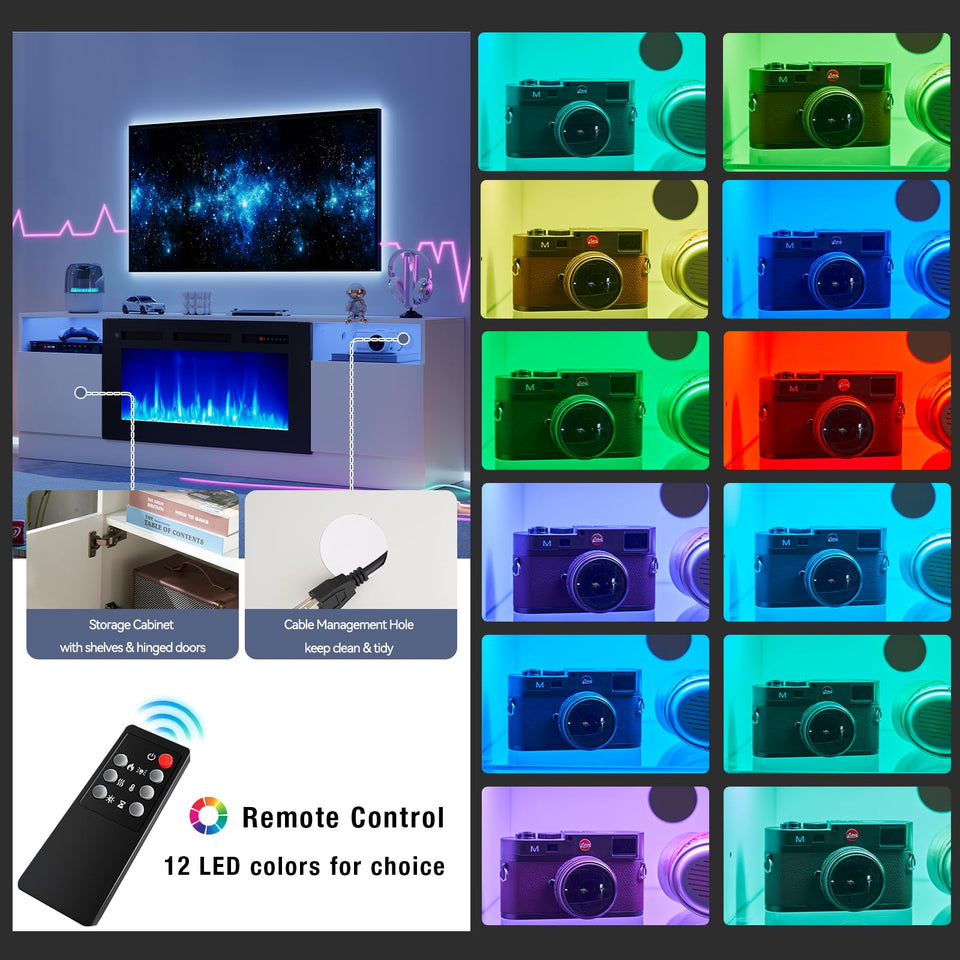 OneBlis 80" Fireplace TV Stand, LED Light Entertainment Center for TVs Up to 90", High-Gloss Door, Modern TV Console for Living Room with Storage Cabinet, Black+Black