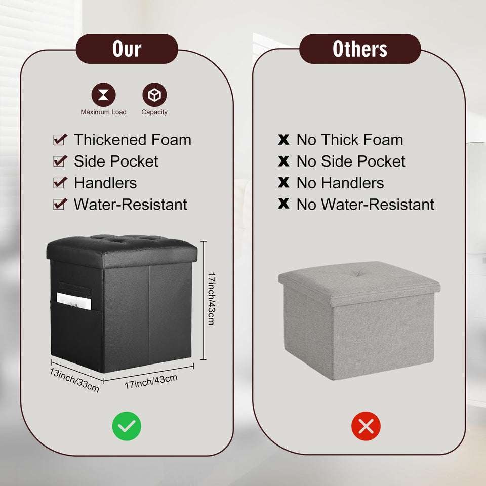 Storage Ottoman Foot Rest Stool, Foldable Leather Footstool Storage Bench with Thicker Foam Padded Seat. Foot Rest Under Desk for Living Room Bedroom 350 lbs, 17x13x13 in, Brown